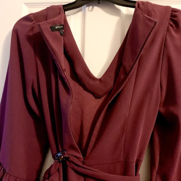 Drew Mai Drape Sleeve & Ruffle Mini Dress Small Women Burgundy Wine Tie Wrap - Picture 11 of 16